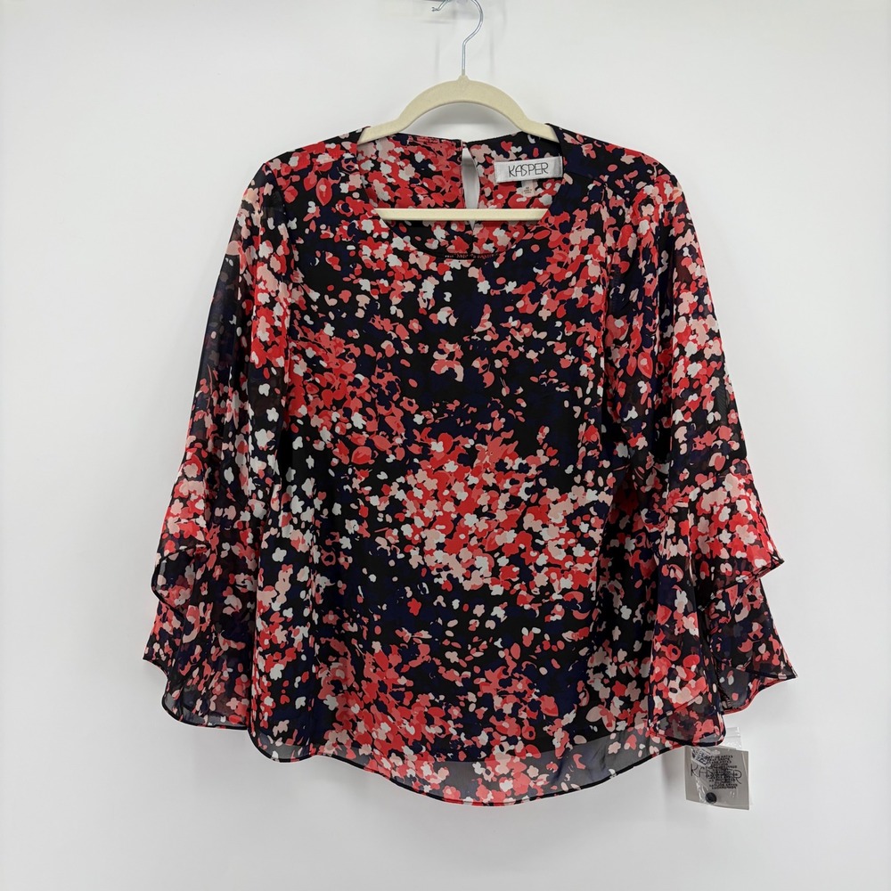 Kasper Womens Medium Multicolor Blouse Tiered Ruffle Bell Sleeve Floral Chiffon